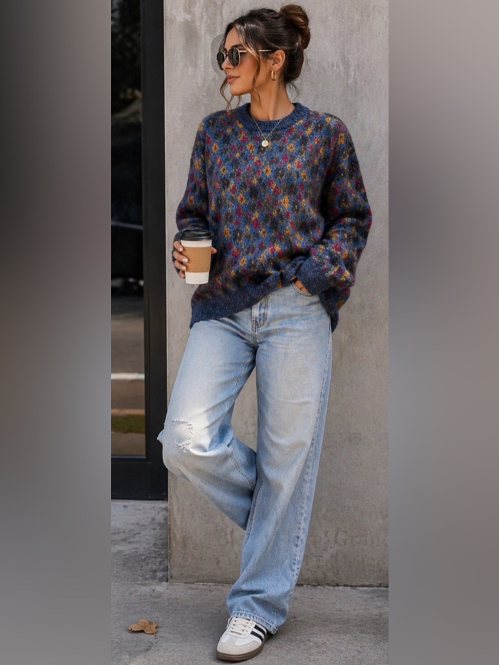 Vintage Peter Brown Italy Wool Floral Sweater Oversized Grandpa Knit L